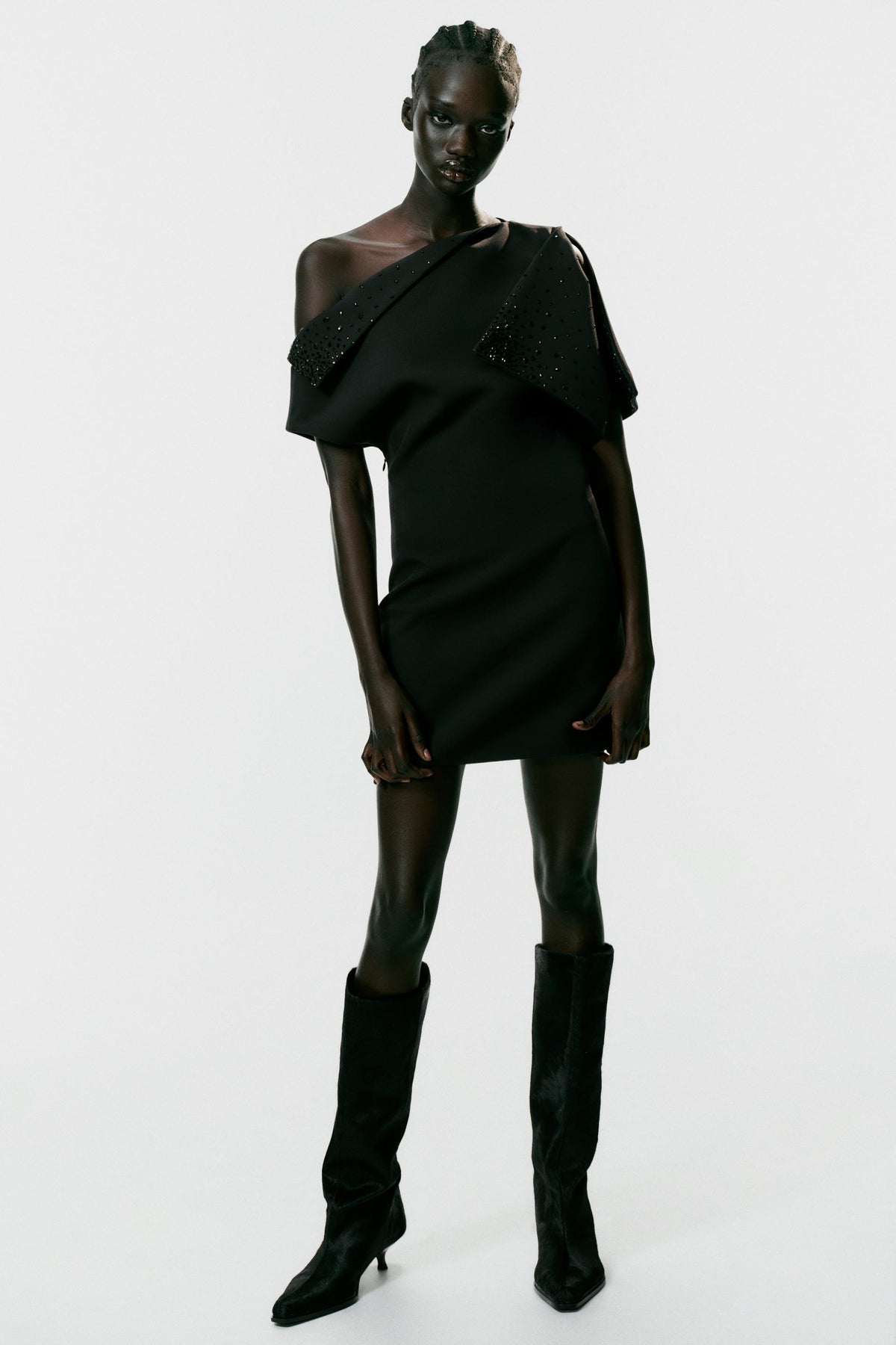 ASYMMETRIC GLITTER MINI DRESS