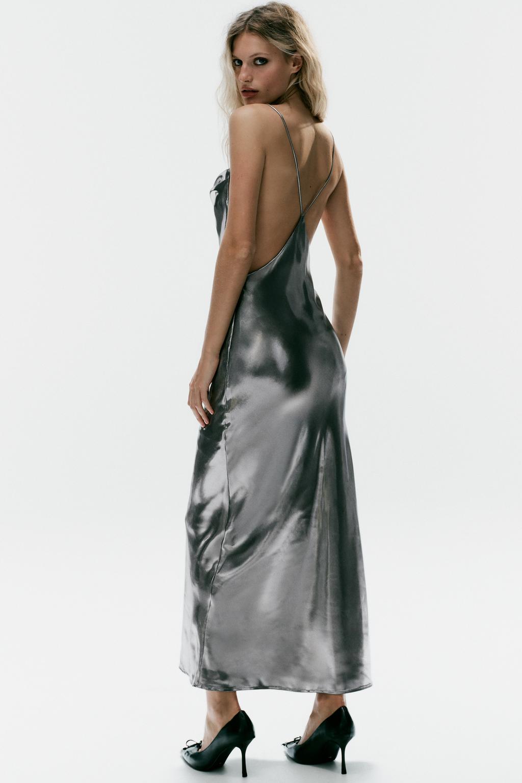 METALLIC EFFECT DRAPED STRAPPY DRESS