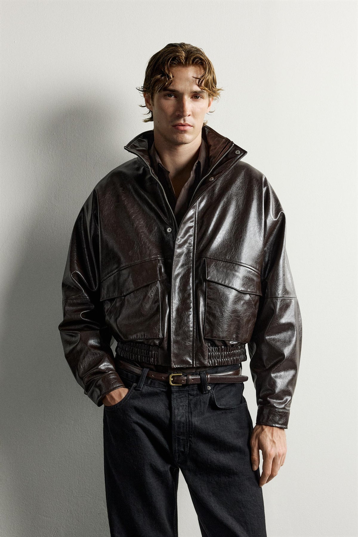 LEATHER EFFECT CROPPED FIT JACKET