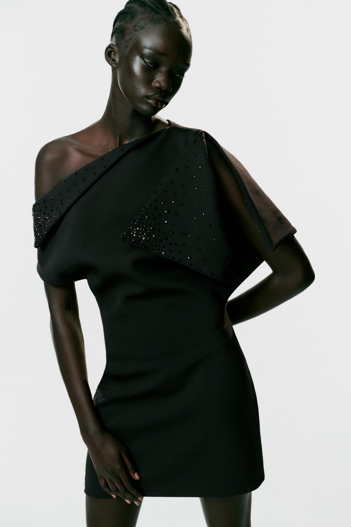 ASYMMETRIC GLITTER MINI DRESS