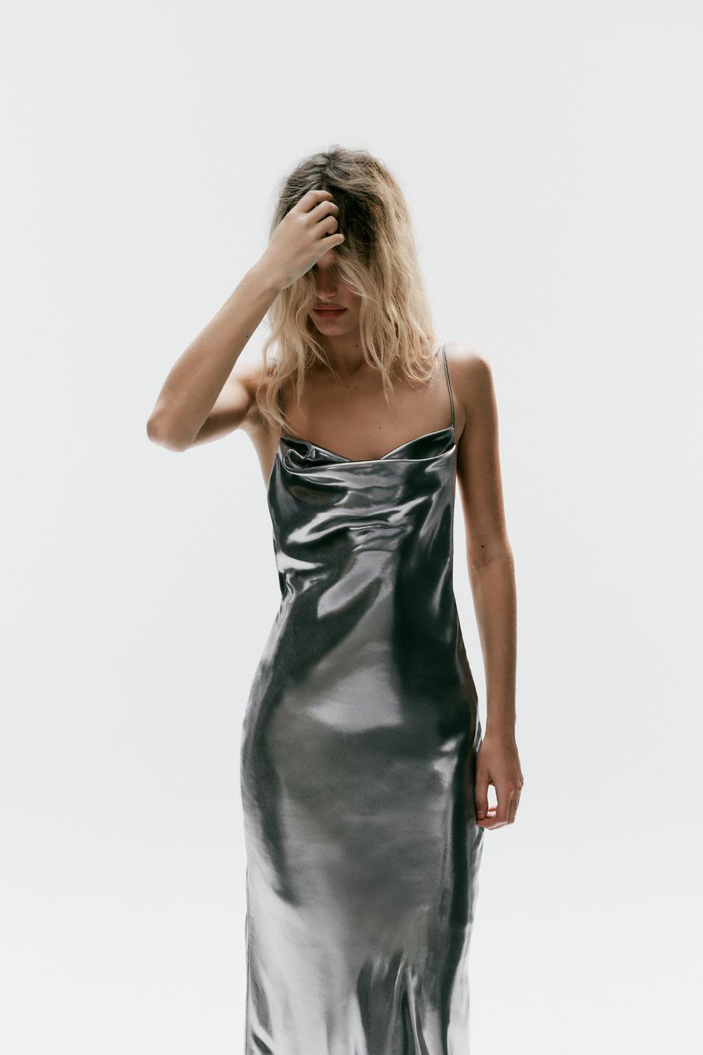 METALLIC EFFECT DRAPED STRAPPY DRESS