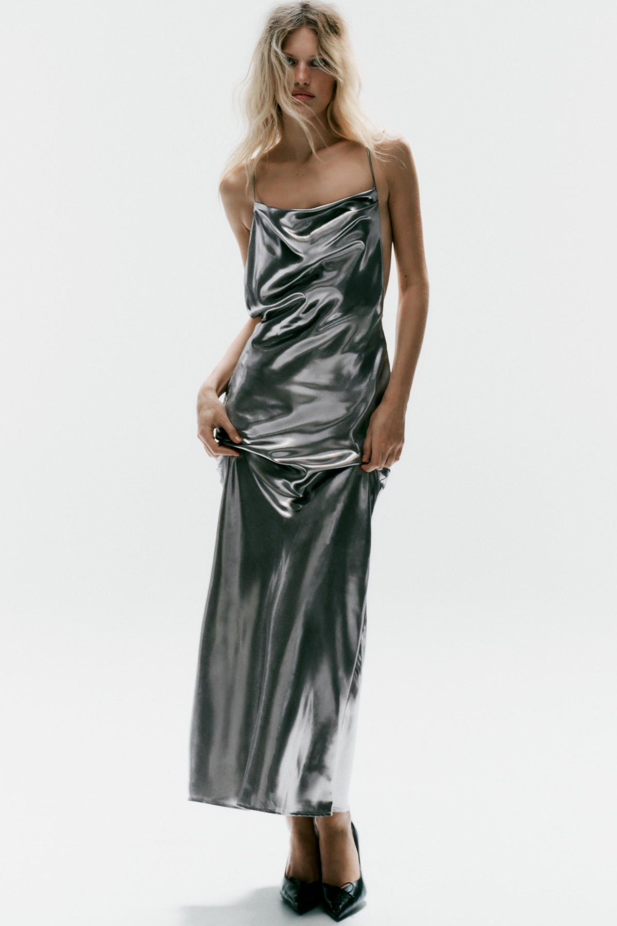 METALLIC EFFECT DRAPED STRAPPY DRESS